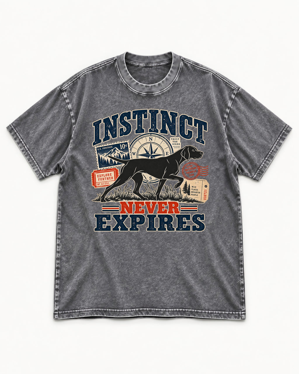 German Shorthaired Pointer Instinct Never Expires Washed Tee in Gray, flat lay product photo