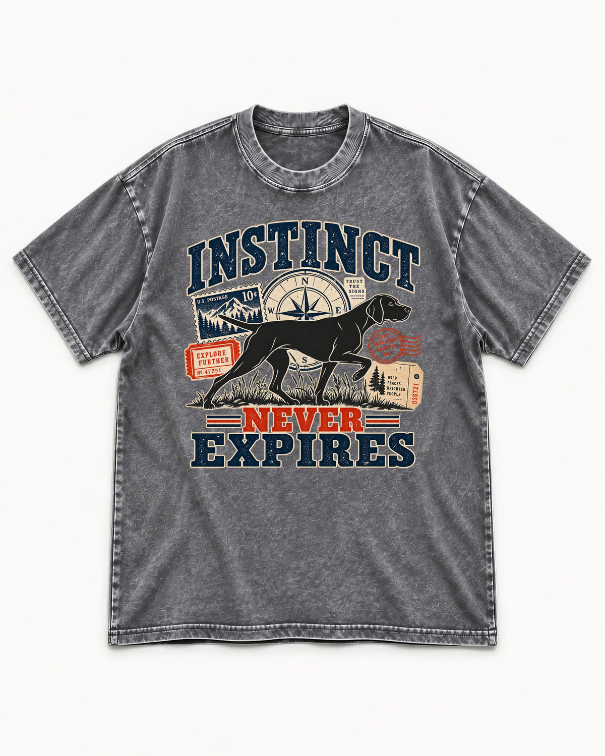 German Shorthaired Pointer Instinct Never Expires Washed Tee in Gray, flat lay product photo
