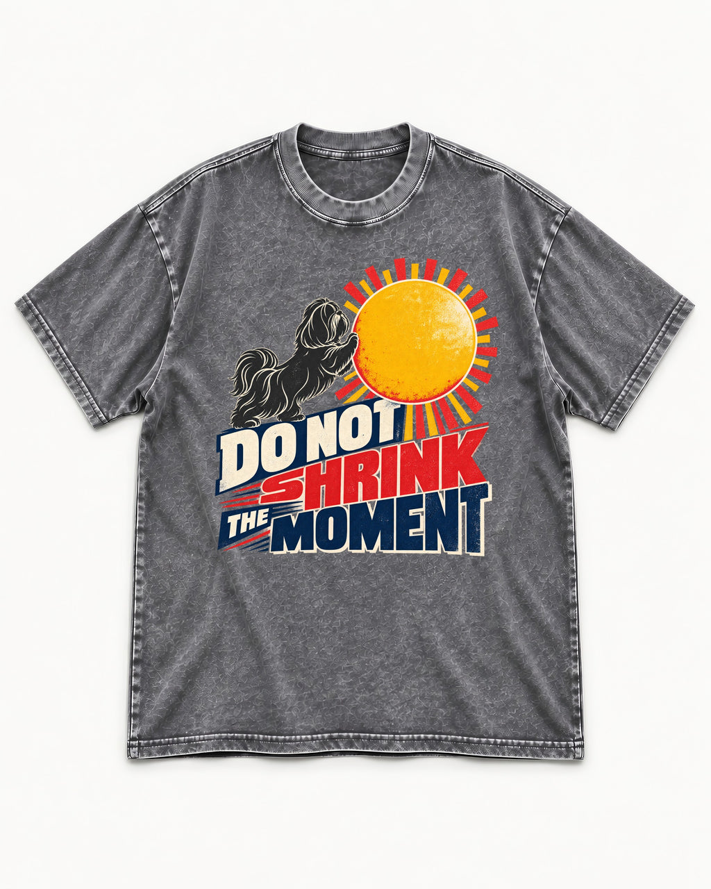 Shih Tzu Do Not Shrink the Moment Sun Graphic Washed Tee in Gray, flat lay product photo