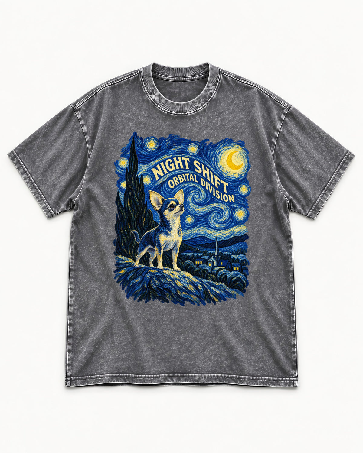 Chihuahua Night Shift Orbital Division Starry Night Graphic Washed Tee in Gray, flat lay product photo
