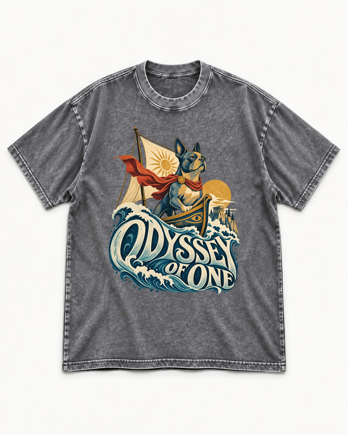 Boston Terrier Odyssey of One Washed Tee in Gray, flat lay product photo