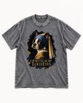 Quiet Luxury Loud Eyes Boston Terrier Pearl Portrait Washed Tee in Gray, flat lay product photo