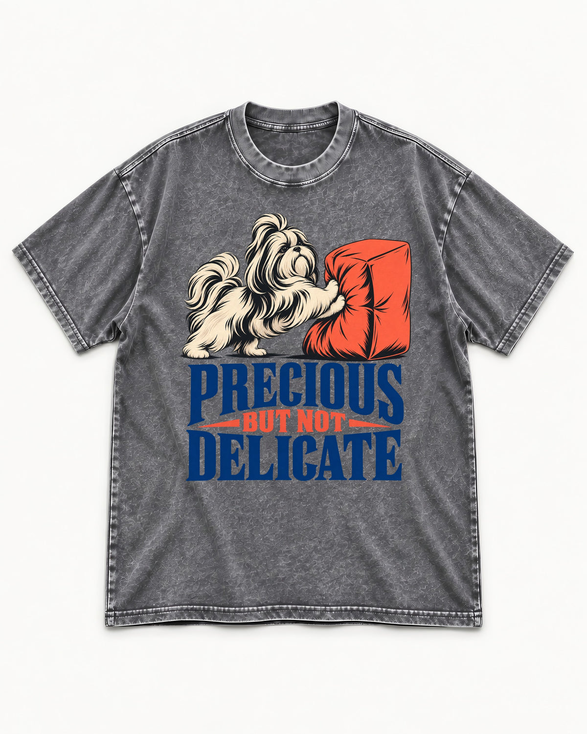 Precious but Not Delicate Shih Tzu Washed Tee in Gray, flat lay product photo