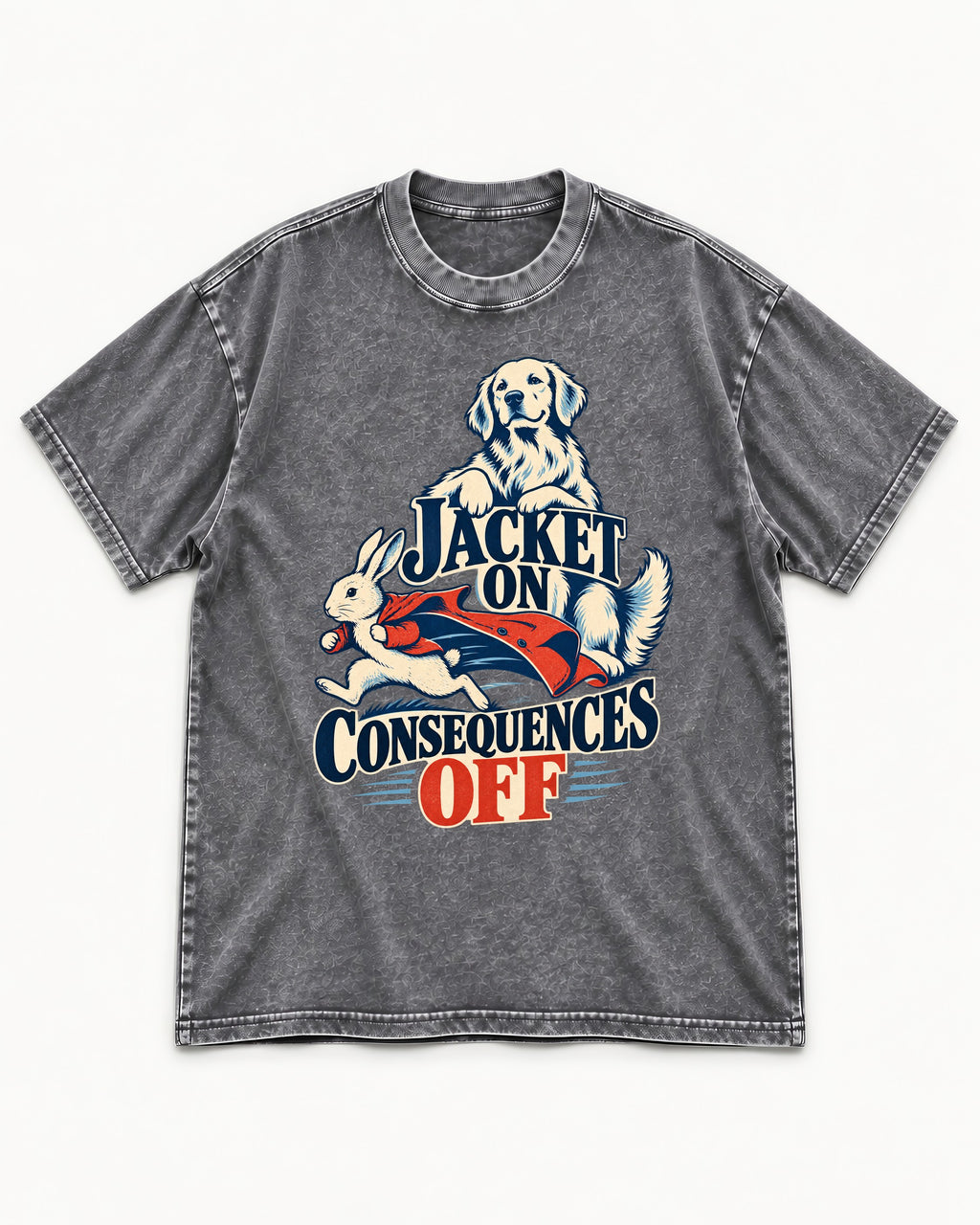 Golden Retriever Jacket On Consequences Off Rabbit Chase Graphic Washed Tee in Gray, flat lay product photo