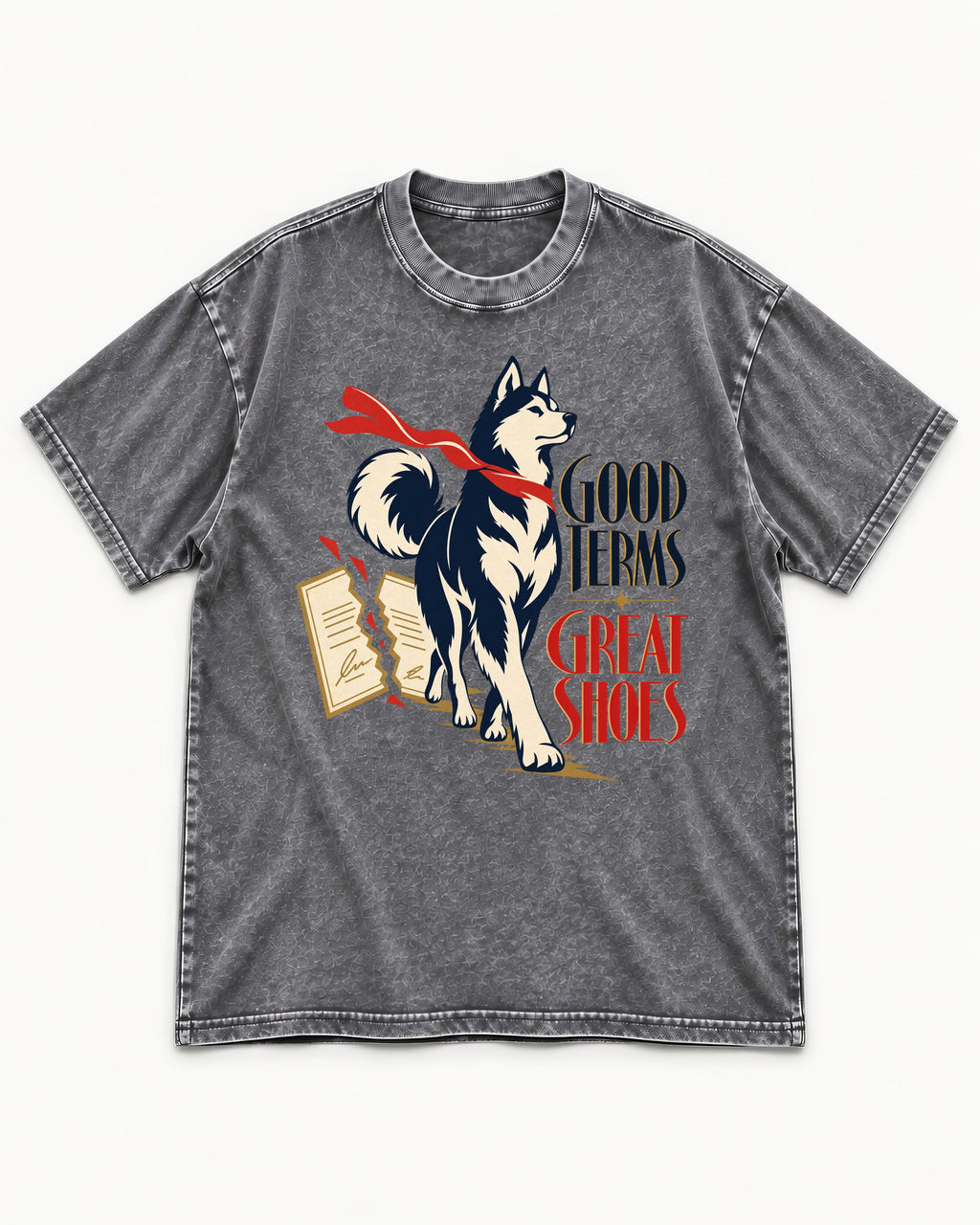 Husky Good Terms Great Shoes Washed Tee in Gray, flat lay product photo