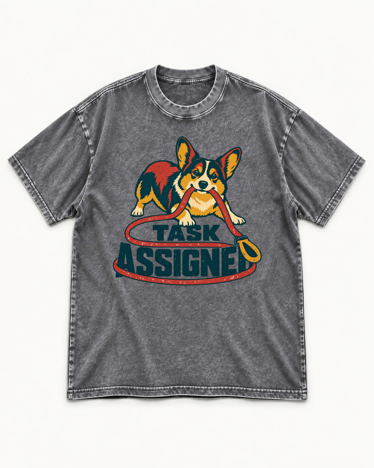 Corgi Task Assigned Washed Tee in Gray, flat lay product photo