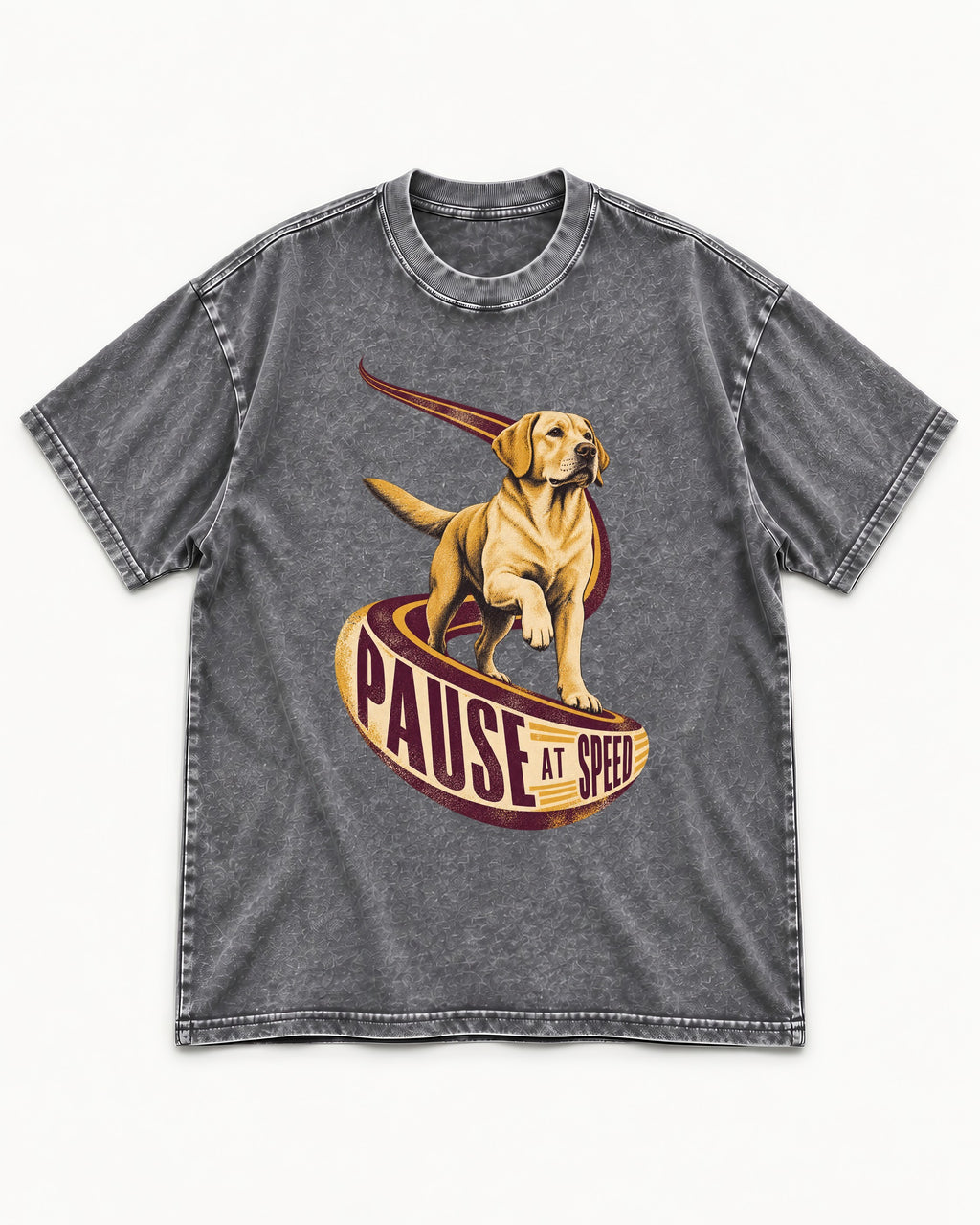Labrador Retriever Pause at Speed Ribbon Graphic Washed Tee in Gray, flat lay product photo