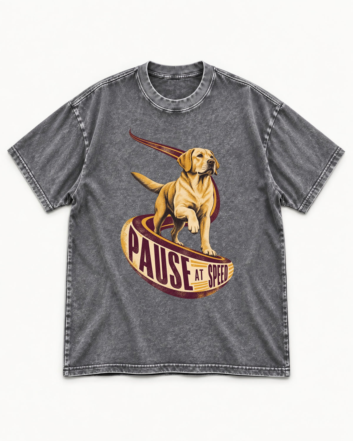 Labrador Retriever Pause at Speed Ribbon Graphic Washed Tee in Gray, flat lay product photo