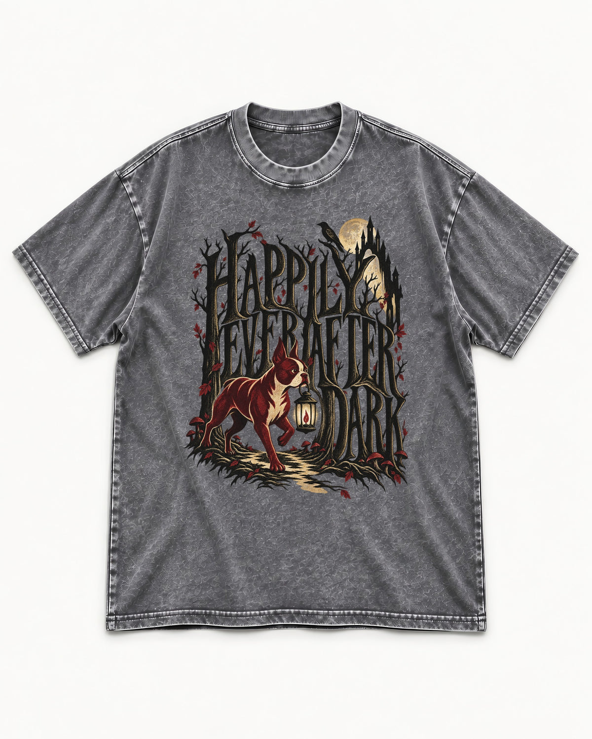 Happily Ever After Dark Boston Terrier Washed Tee in Gray, flat lay product photo