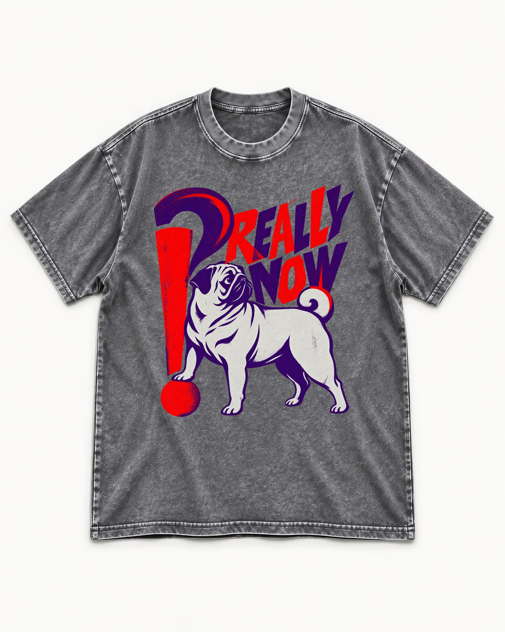Really Now Pug Washed Tee in Gray, flat lay product photo