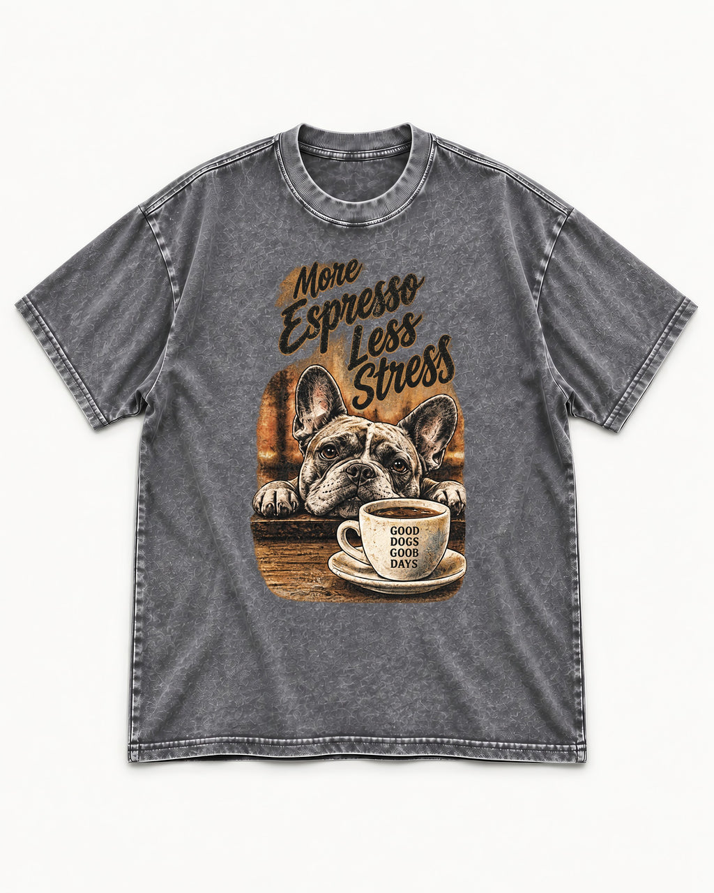 Frenchie More Espresso Less Stress Washed Tee in Gray, flat lay product photo