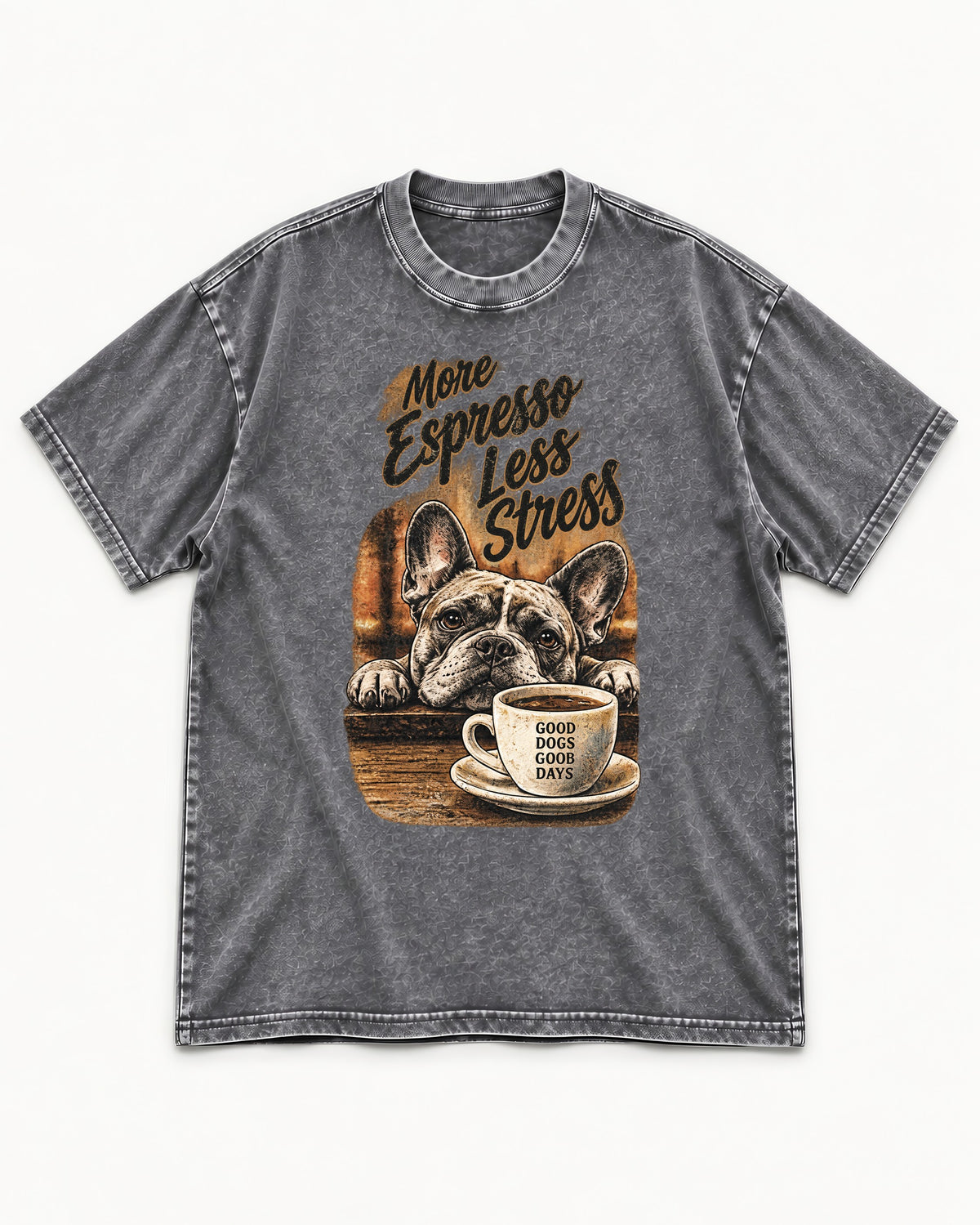 Frenchie More Espresso Less Stress Washed Tee in Gray, flat lay product photo