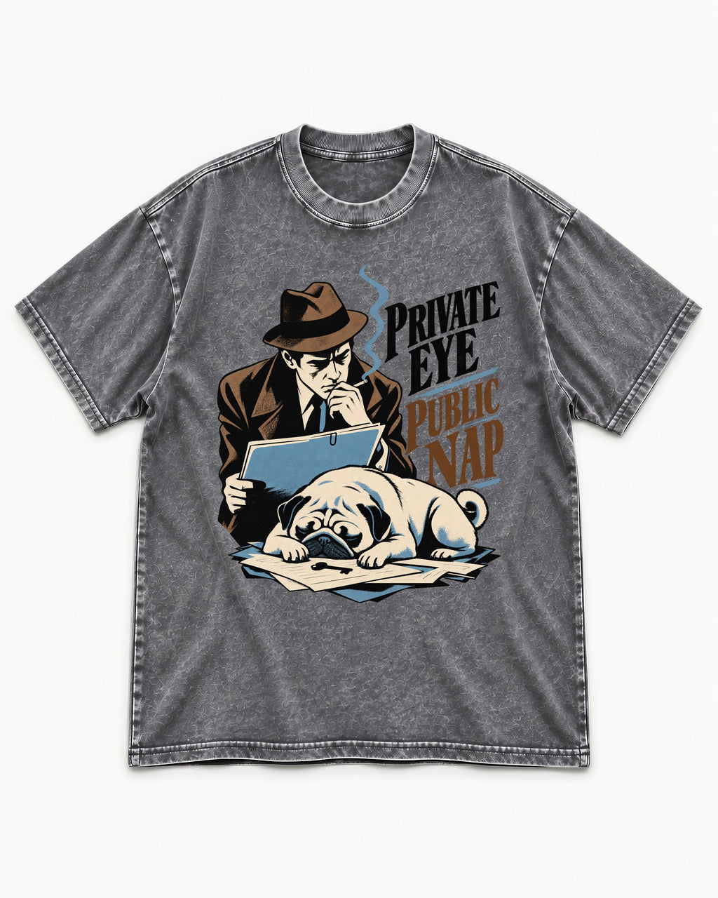 Pug Private Eye Public Nap Washed Tee in Gray, flat lay product photo