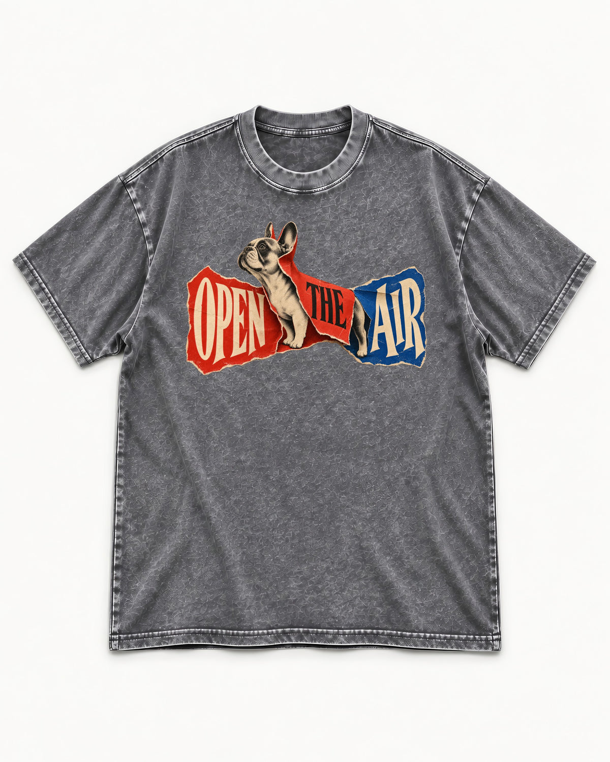 Frenchie Open the Air Torn Poster Graphic Washed Tee in Gray, flat lay product photo