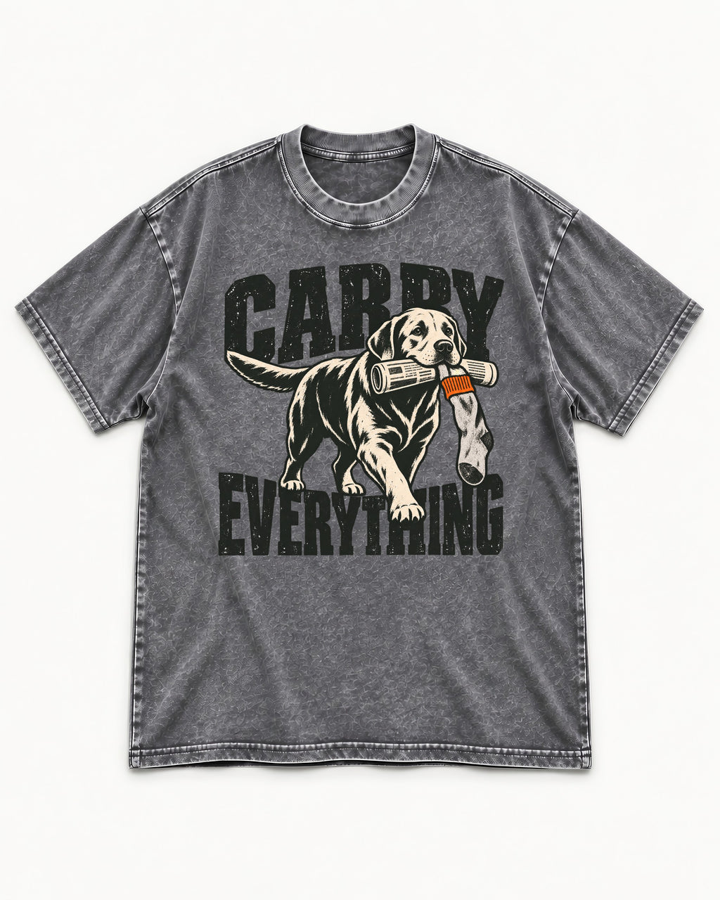 Carry Everything Labrador Retriever Washed Tee in Gray, flat lay product photo
