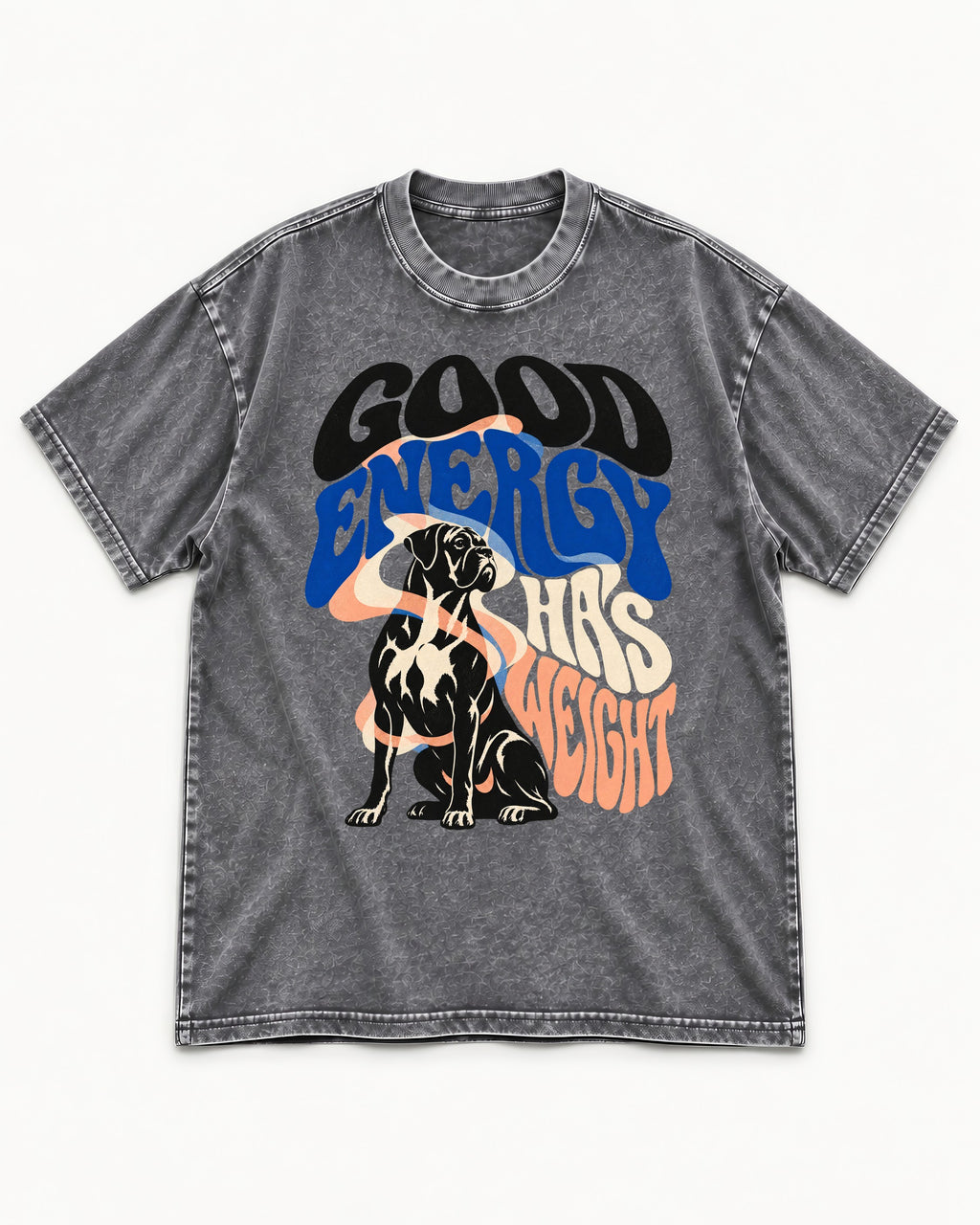 Good Energy Has Weight Boxer Retro Typography Washed Tee in Gray, flat lay product photo