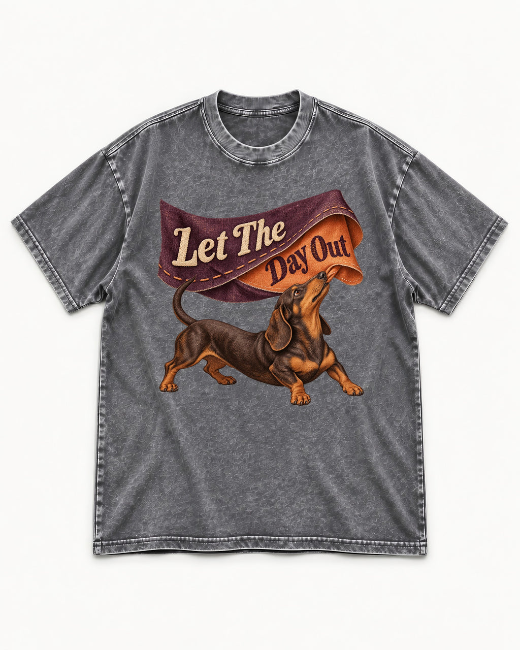 Dachshund Let The Day Out Fabric Banner Graphic Washed Tee in Gray, flat lay product photo