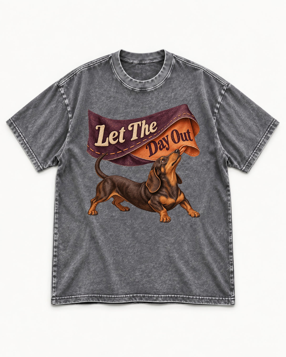 Dachshund Let The Day Out Fabric Banner Graphic Washed Tee in Gray, flat lay product photo