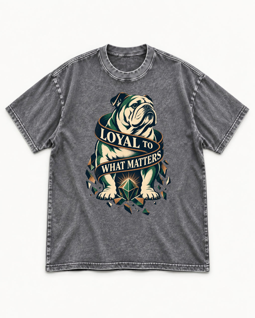 Loyal to What Matters English Bulldog Washed Tee in Gray, flat lay product photo