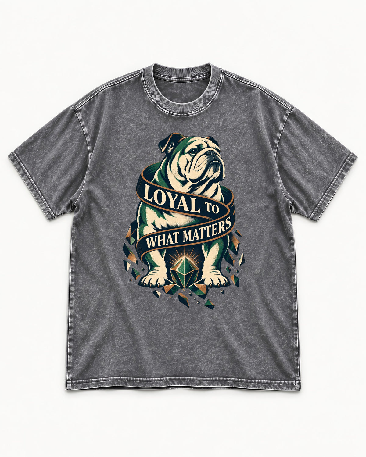 Loyal to What Matters English Bulldog Washed Tee in Gray, flat lay product photo
