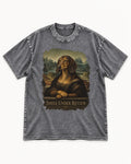 Dachshund Smile Under Review Mona Lisa Graphic Washed Tee in Gray, flat lay product photo