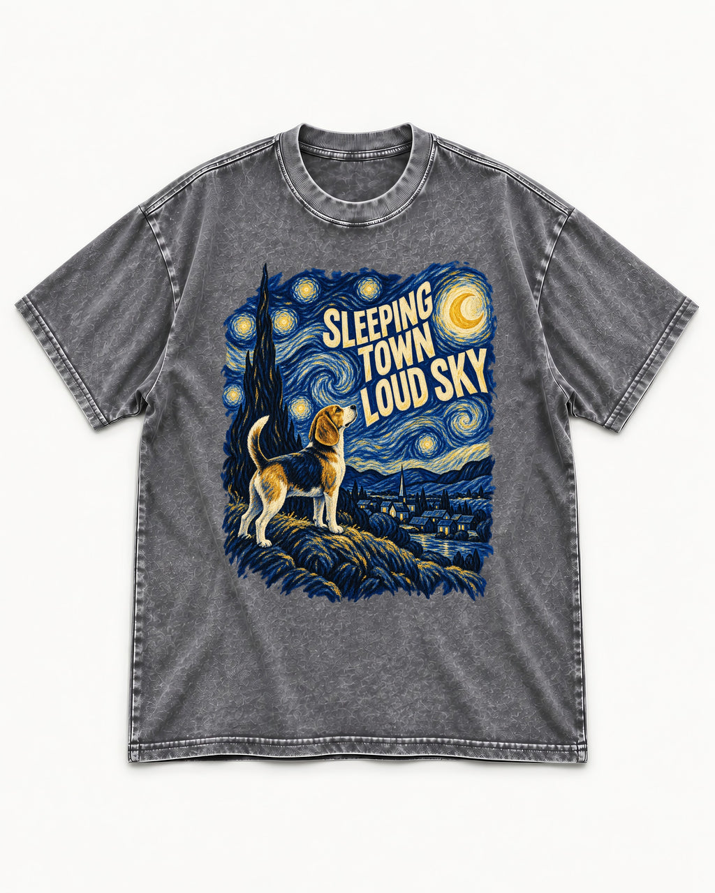 Sleeping Town Loud Sky Beagle Nightscape Washed Tee in Gray, flat lay product photo