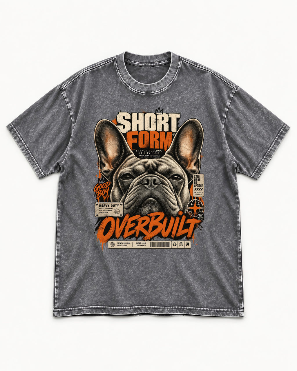 Frenchie Short Form Overbuilt Utility Club Poster Graphic Washed Tee in Gray, flat lay product photo