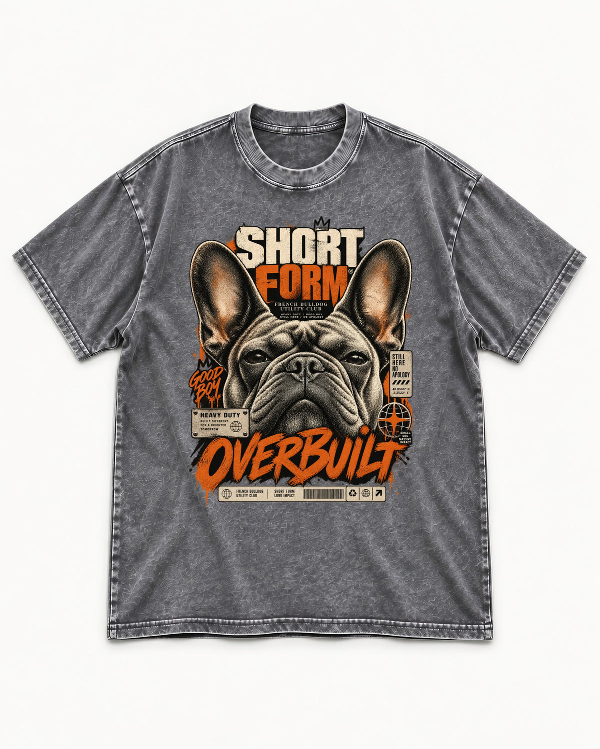 Frenchie Short Form Overbuilt Utility Club Poster Graphic Washed Tee in Gray, flat lay product photo