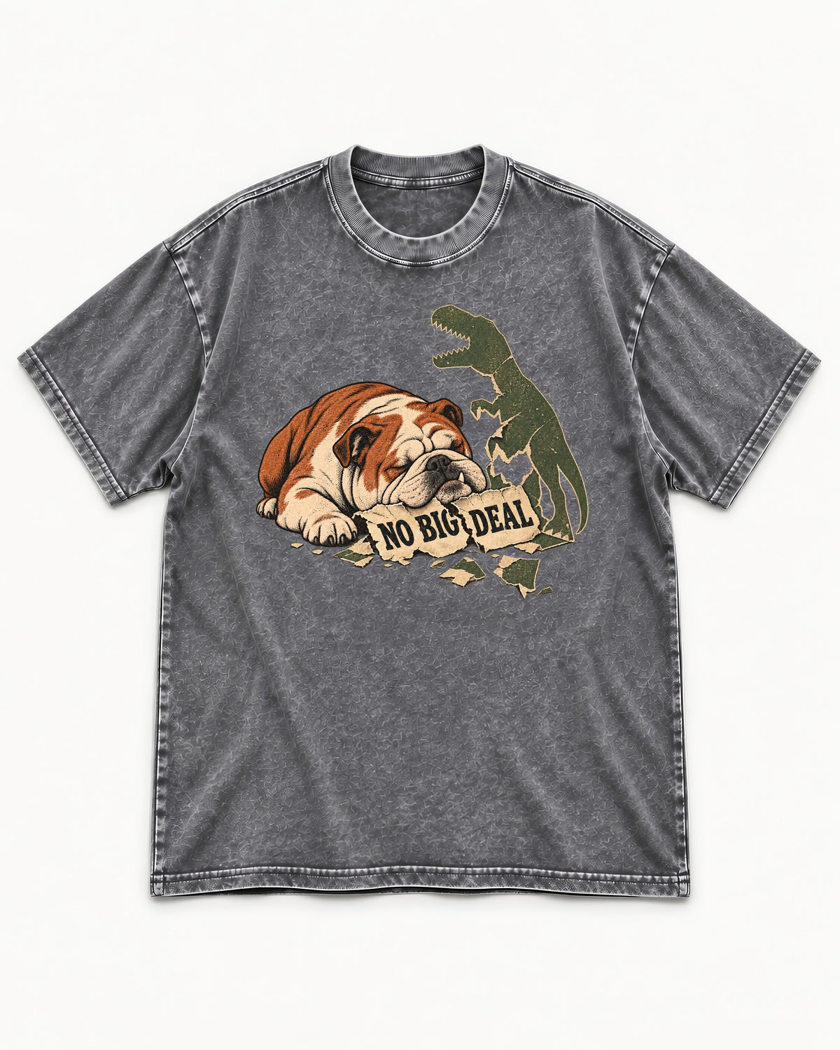 English Bulldog No Big Deal Dinosaur Graphic Washed Tee in Gray, flat lay product photo