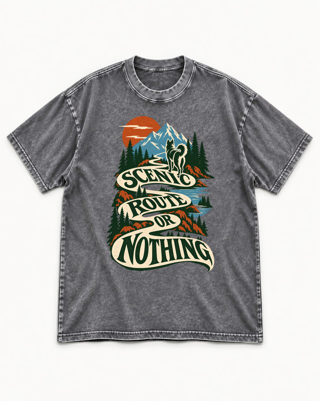 Husky Scenic Route or Nothing Washed Tee in Gray, flat lay product photo