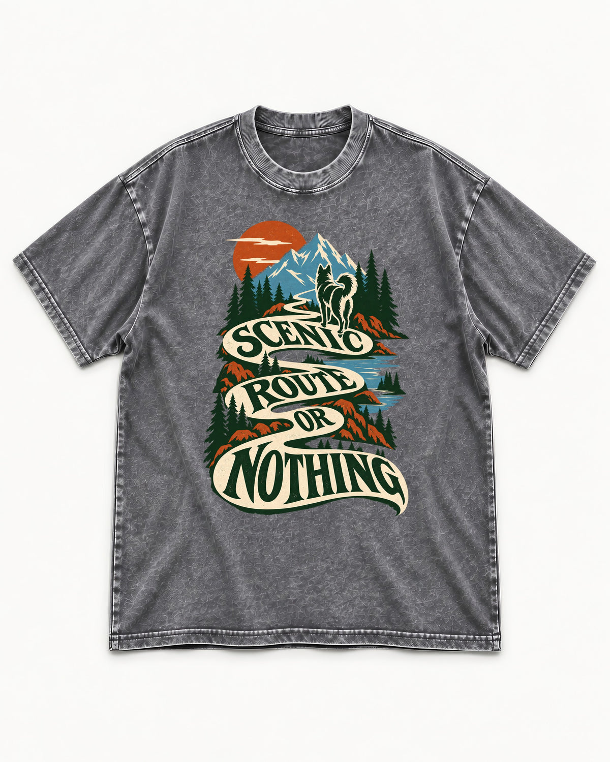 Husky Scenic Route or Nothing Washed Tee in Gray, flat lay product photo