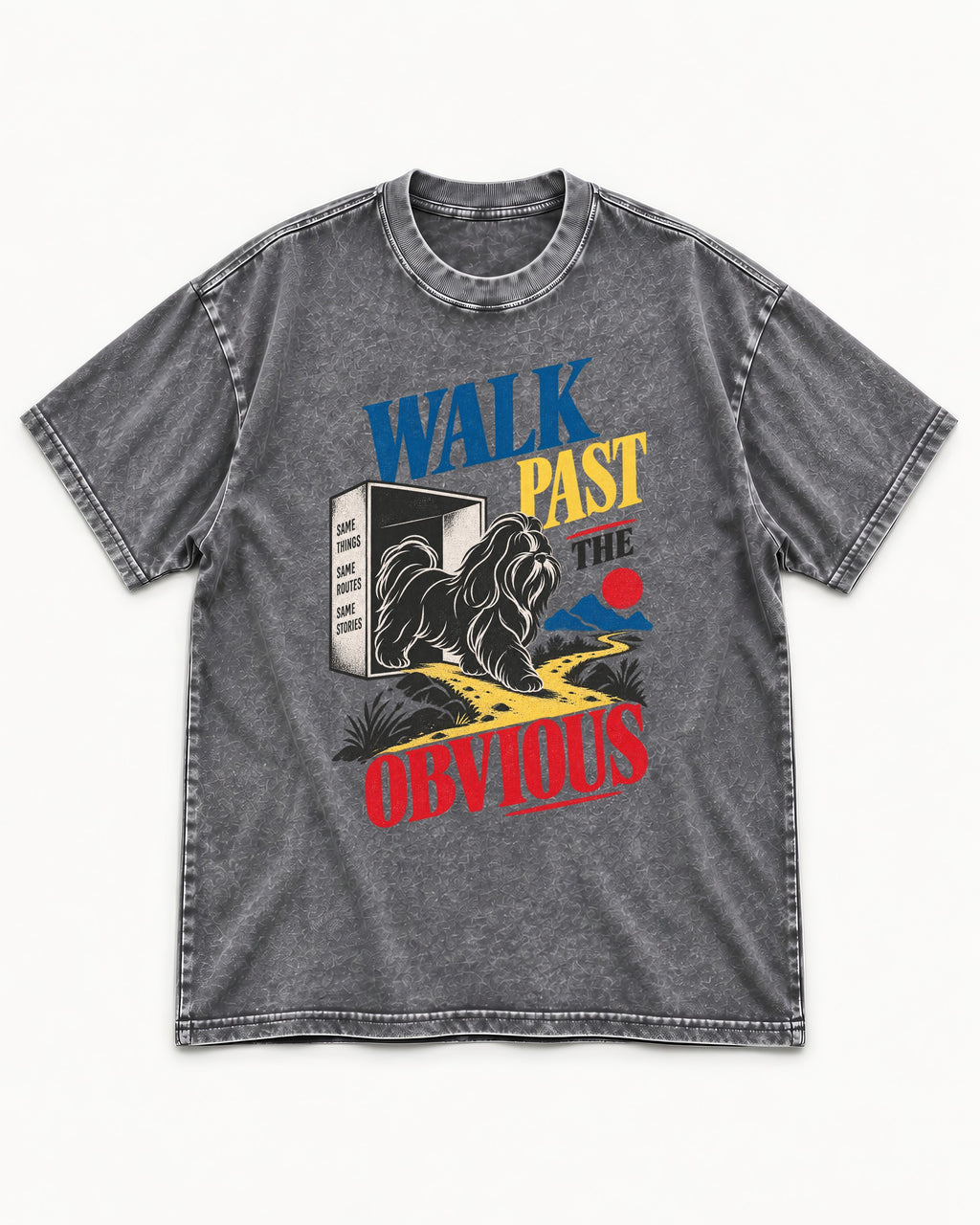 Shih Tzu Walk Past the Obvious Washed Tee in Gray, flat lay product photo