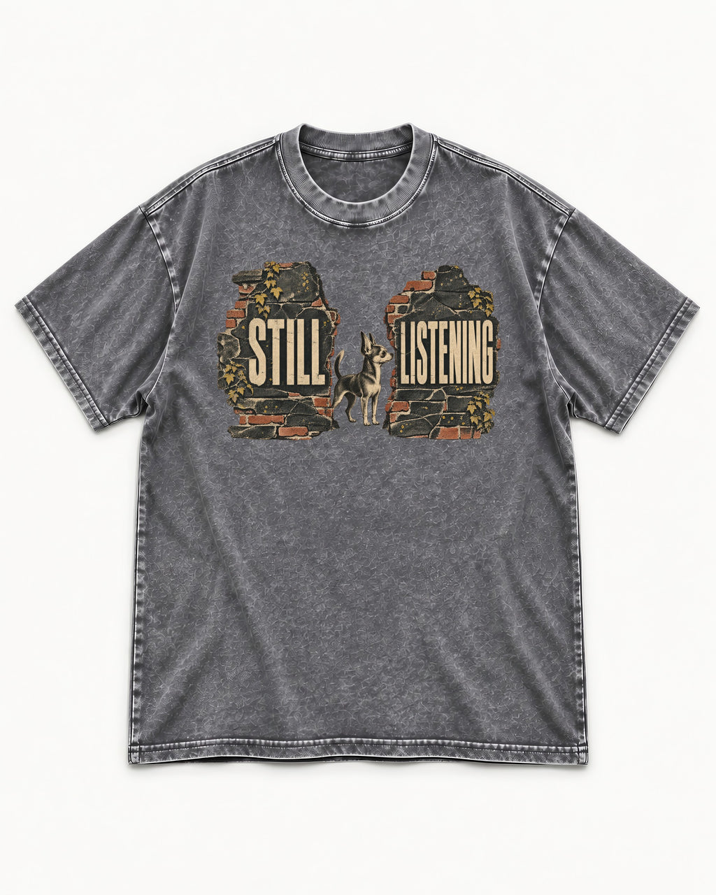 Chihuahua Still Listening Washed Tee in Gray, flat lay product photo