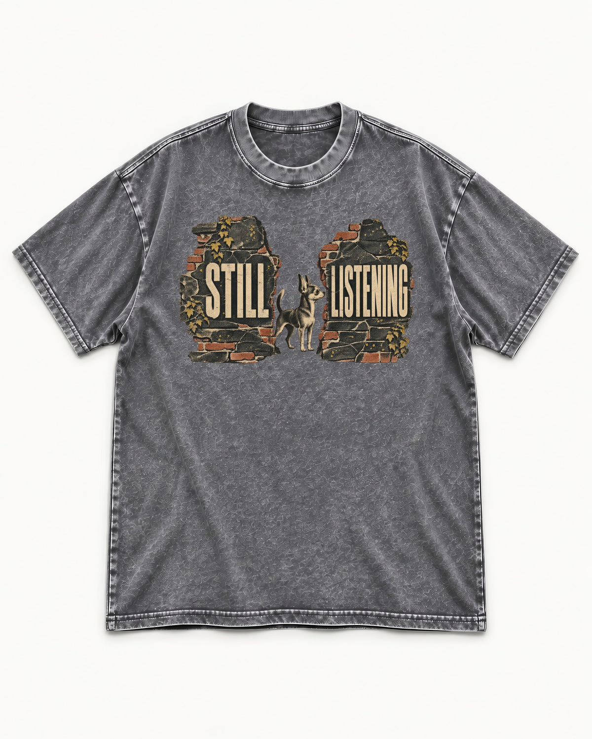 Chihuahua Still Listening Washed Tee in Gray, flat lay product photo