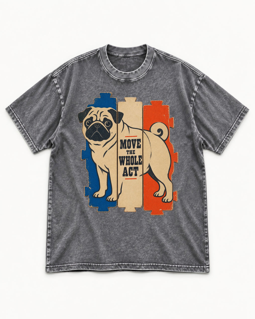 Pug Move the Whole Act Color Block Graphic Washed Tee in Gray, flat lay product photo