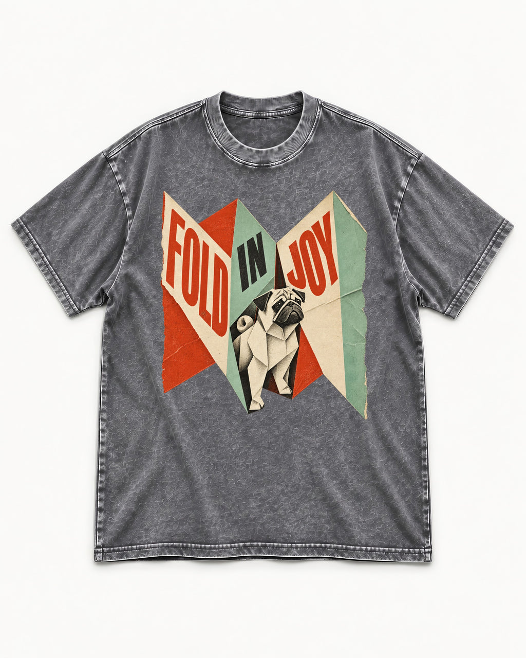 Pug Fold in Joy Geometric Poster Graphic Washed Tee in Gray, flat lay product photo