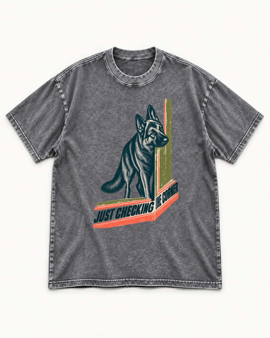 German Shepherd Dog Just Checking the Corner Washed Tee in Gray, flat lay product photo