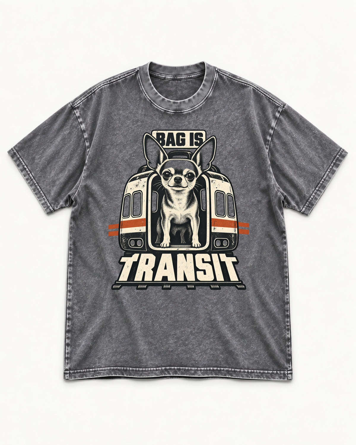 Chihuahua Bag Is Transit Train Front Graphic Washed Tee in Gray, flat lay product photo
