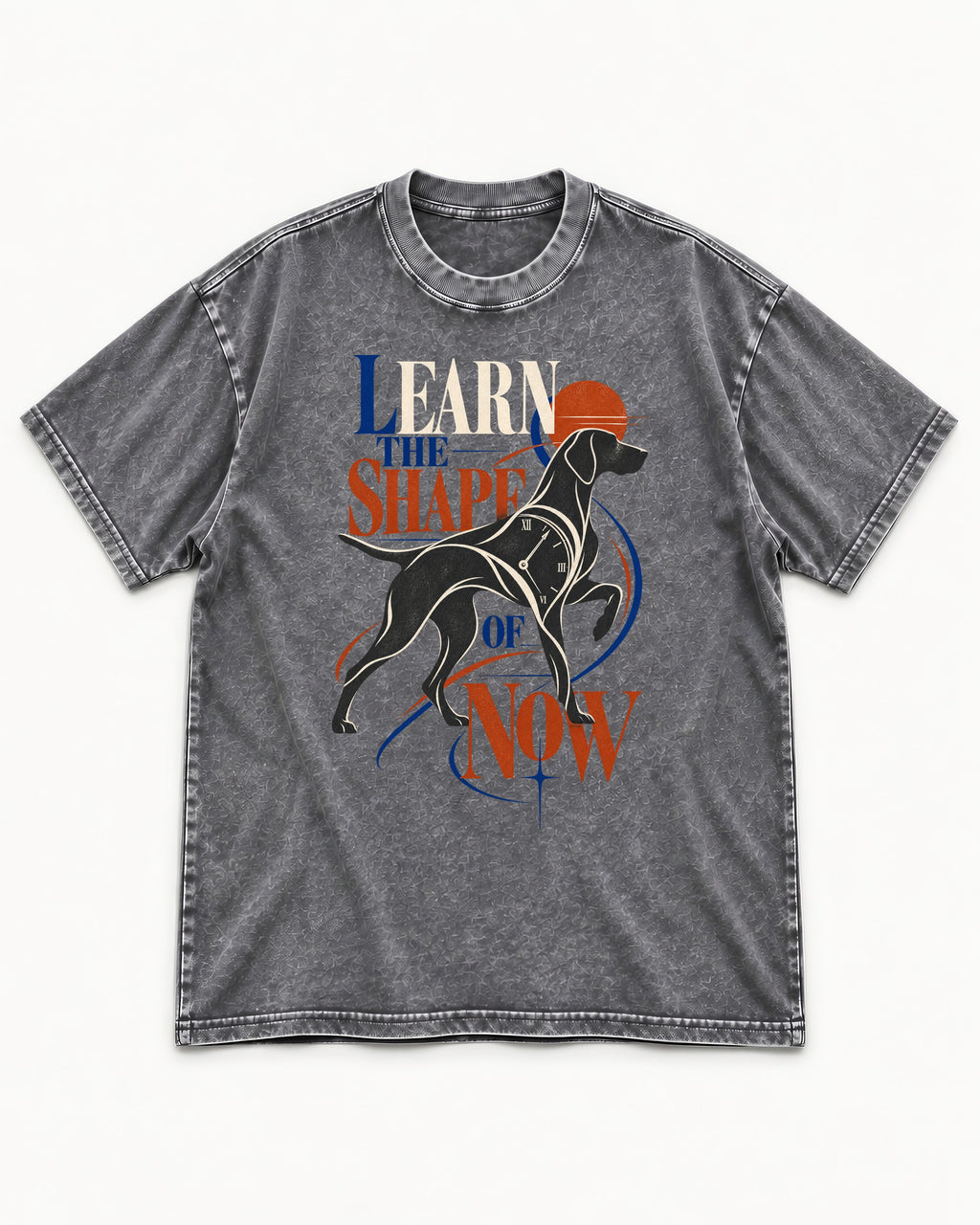 German Shorthaired Pointer Learn the Shape of Now Clock Graphic Washed Tee in Gray, flat lay product photo