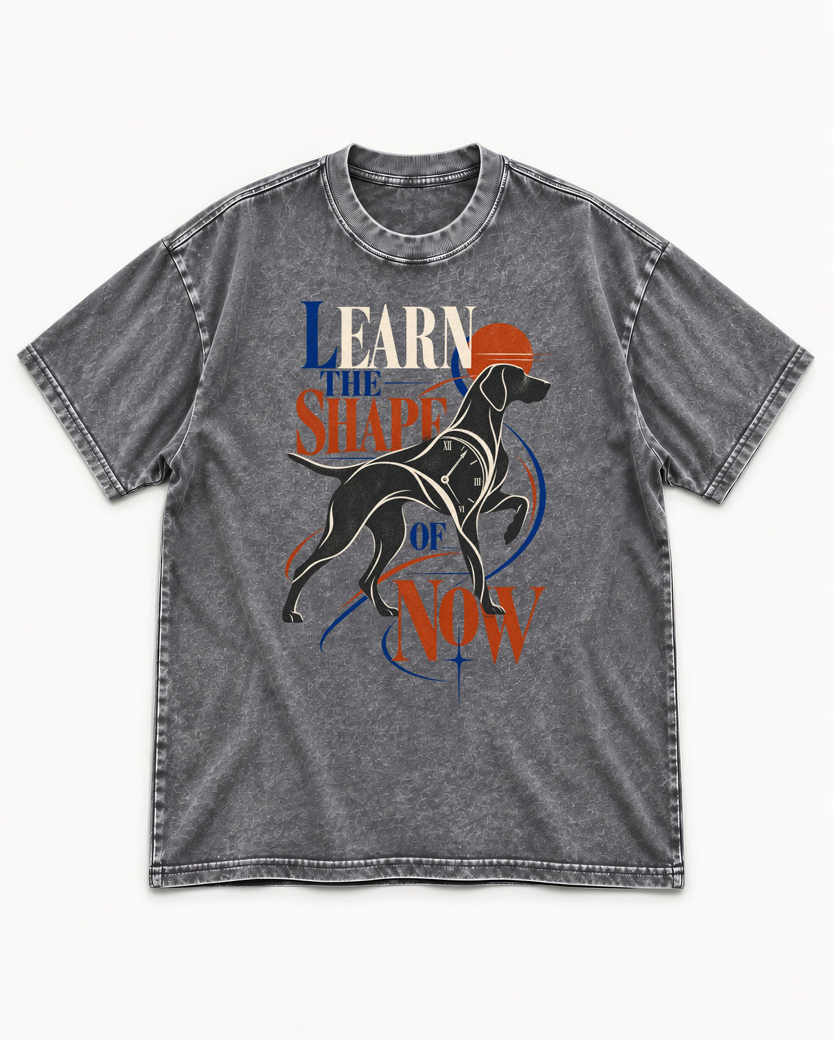 German Shorthaired Pointer Learn the Shape of Now Clock Graphic Washed Tee in Gray, flat lay product photo