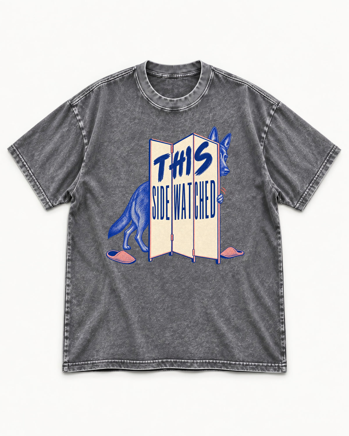 This Side Watched by German Shepherd Dog Washed Tee in Gray, flat lay product photo