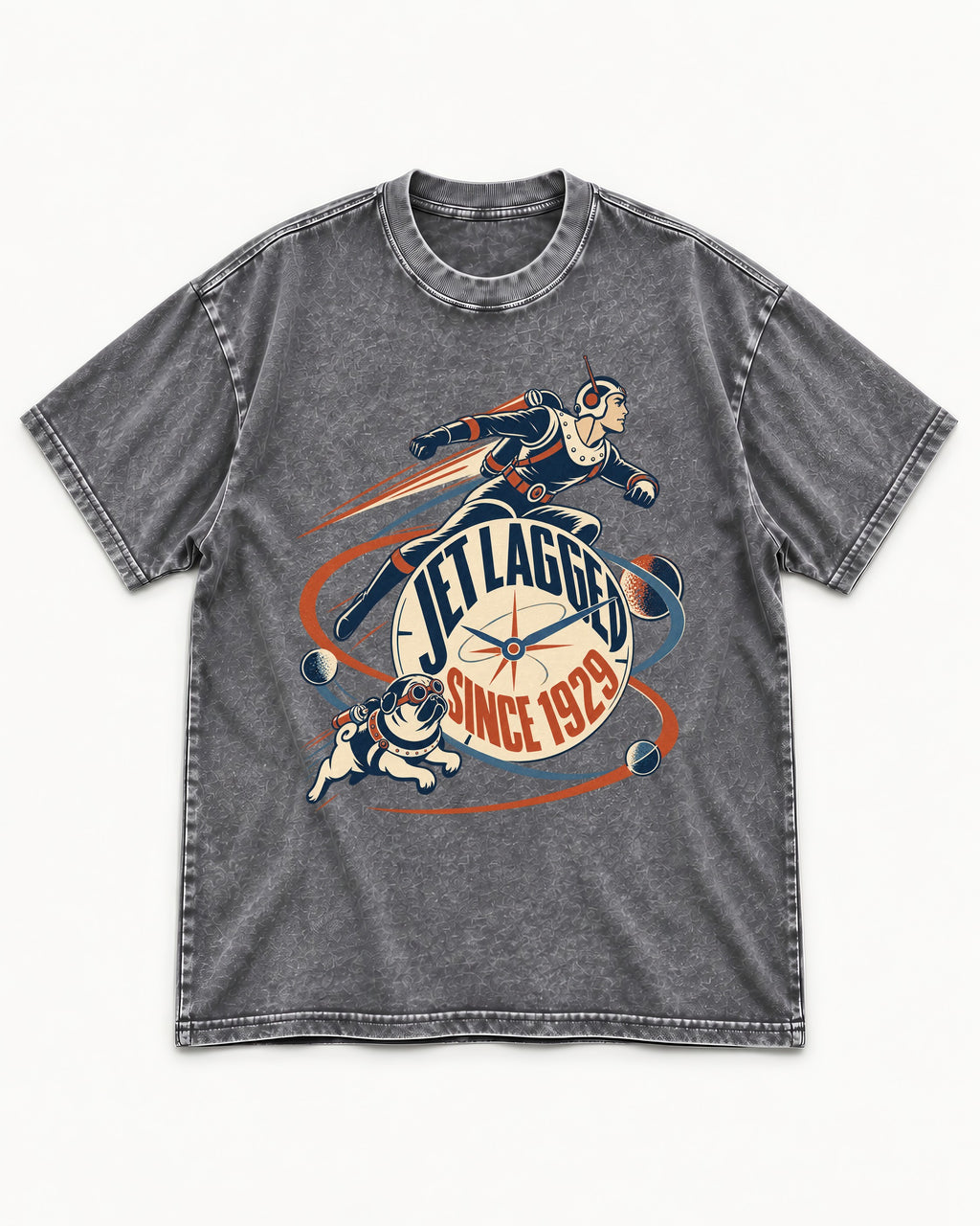 Jet Lagged Pug Washed Tee in Gray, flat lay product photo