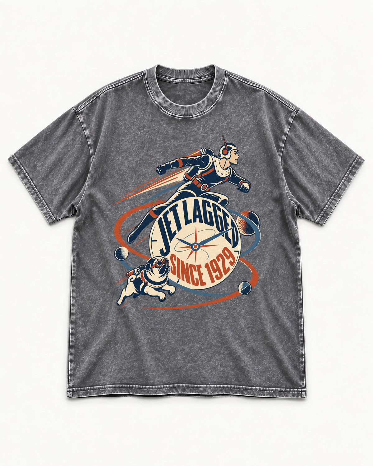 Jet Lagged Pug Washed Tee in Gray, flat lay product photo