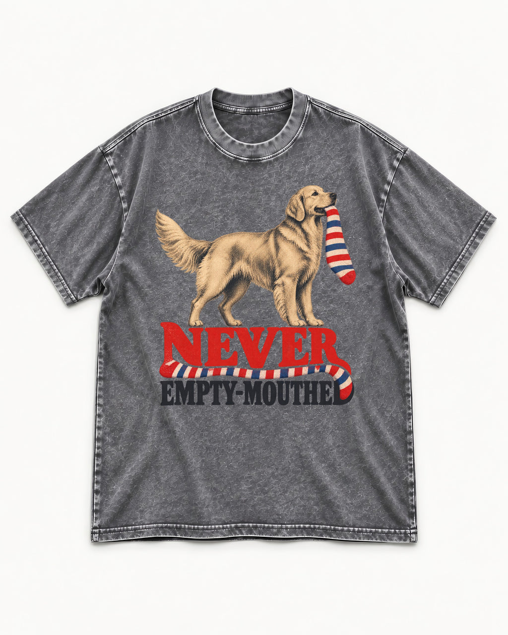 Never Empty Mouthed Golden Retriever Washed Tee in Gray, flat lay product photo