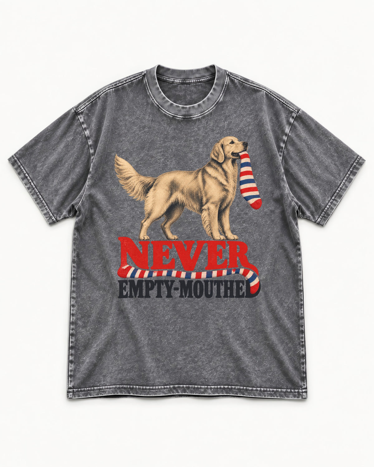 Never Empty Mouthed Golden Retriever Washed Tee in Gray, flat lay product photo