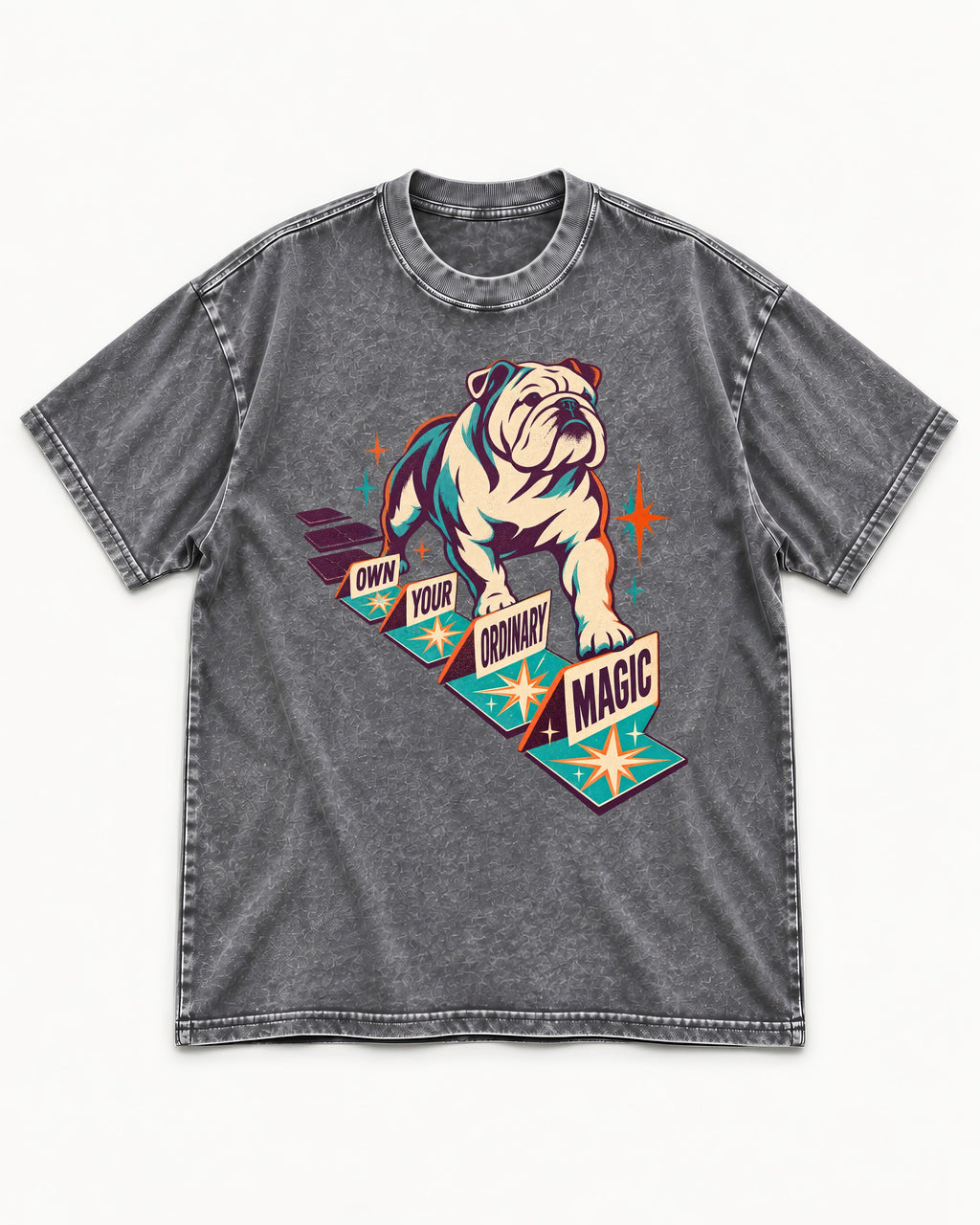 English Bulldog's Ordinary Magic Washed Tee in Gray, flat lay product photo