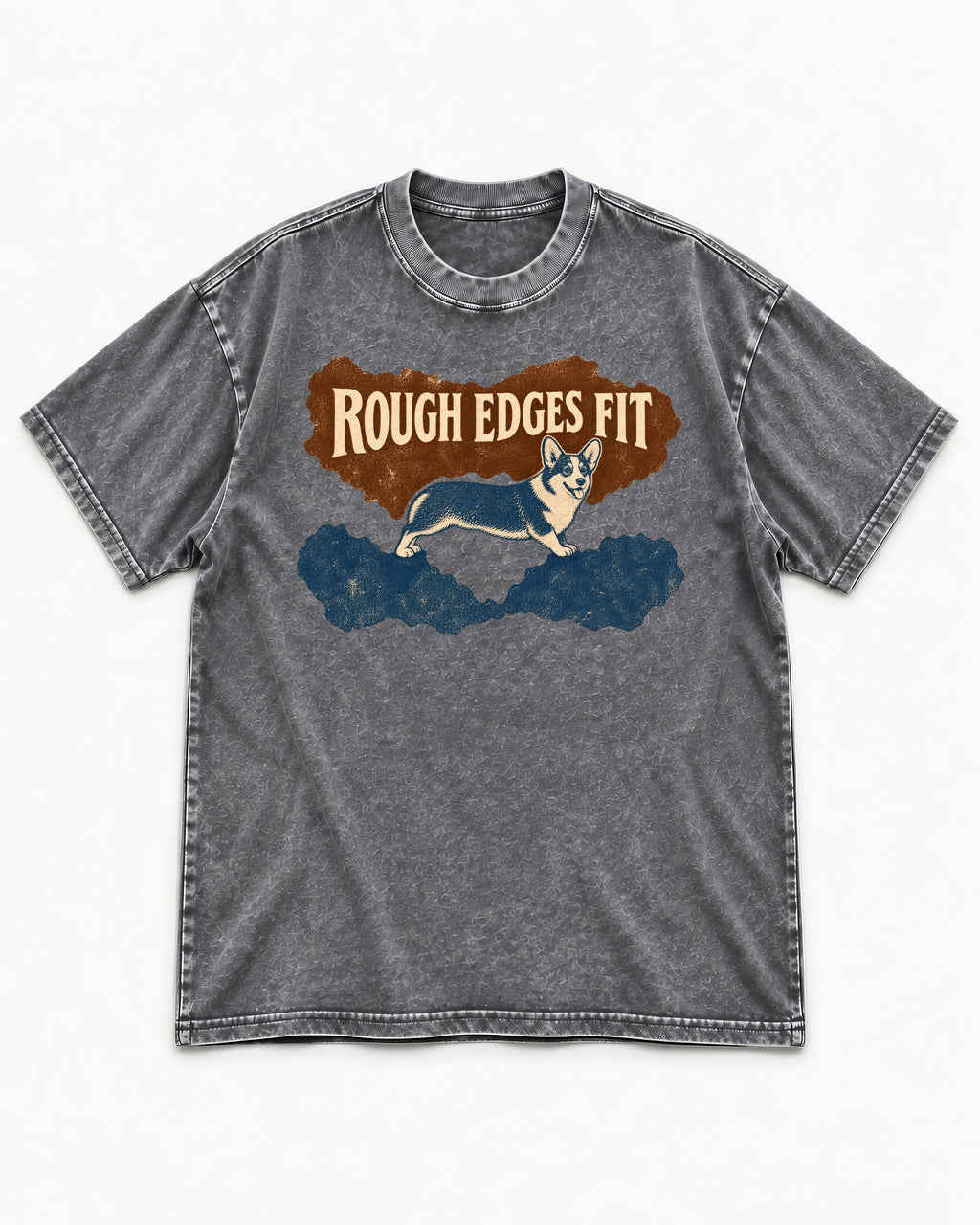 Corgi's Rough Edges Fit Washed Tee in Gray, flat lay product photo