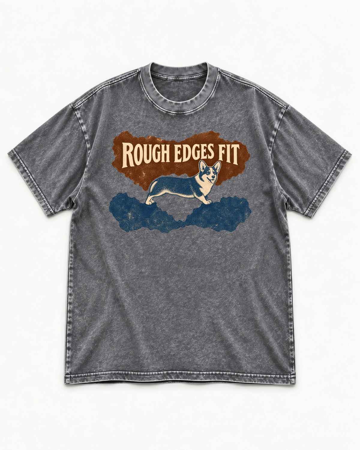 Corgi's Rough Edges Fit Washed Tee in Gray, flat lay product photo