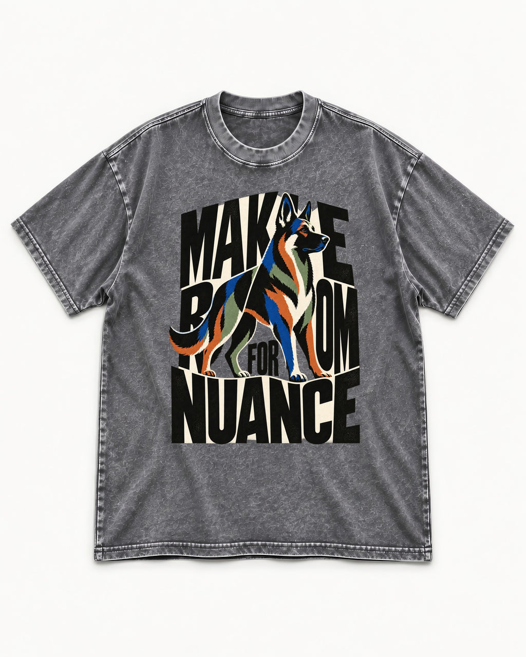 Make Room for Nuance German Shepherd Dog Washed Tee in Gray, flat lay product photo