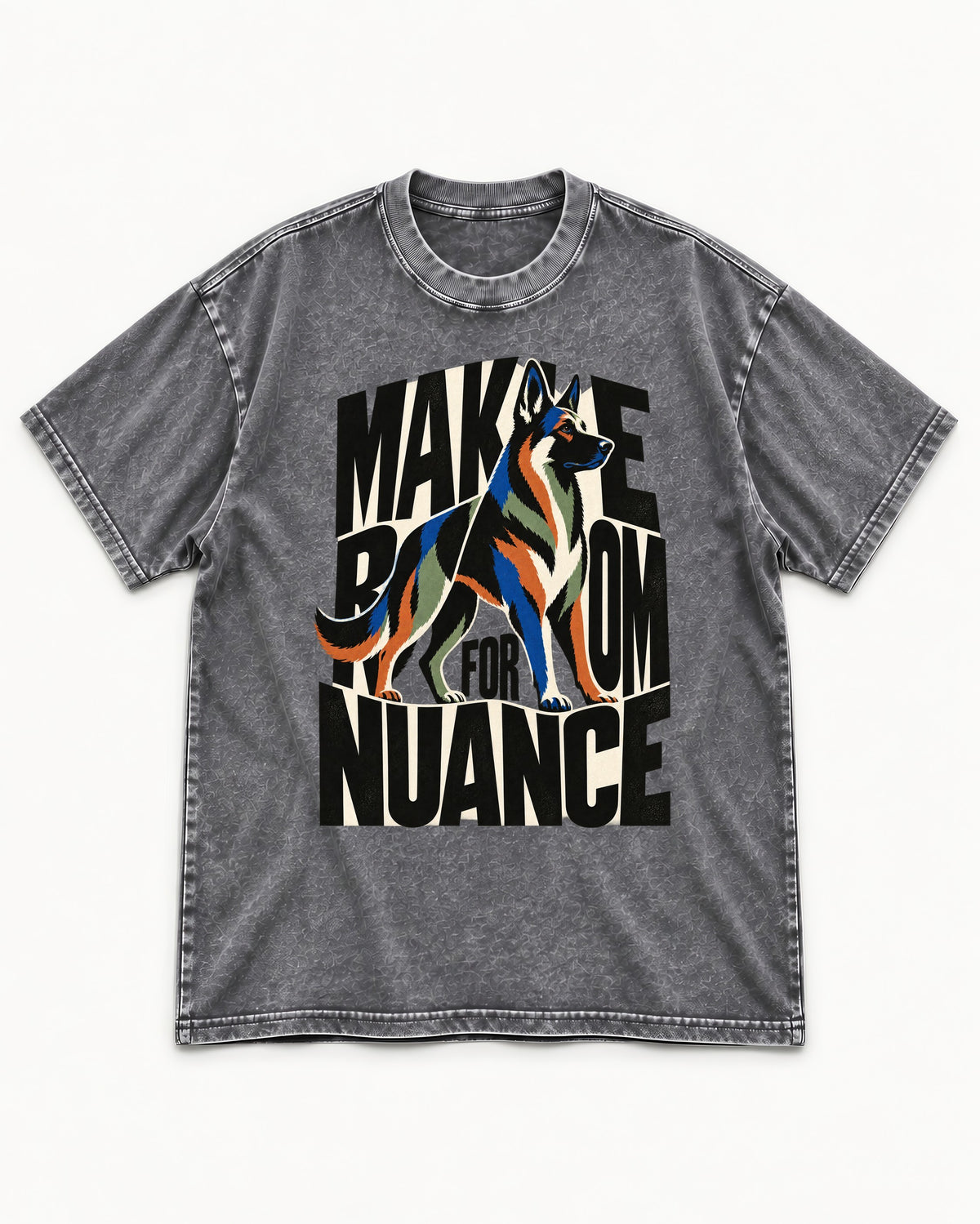 Make Room for Nuance German Shepherd Dog Washed Tee in Gray, flat lay product photo